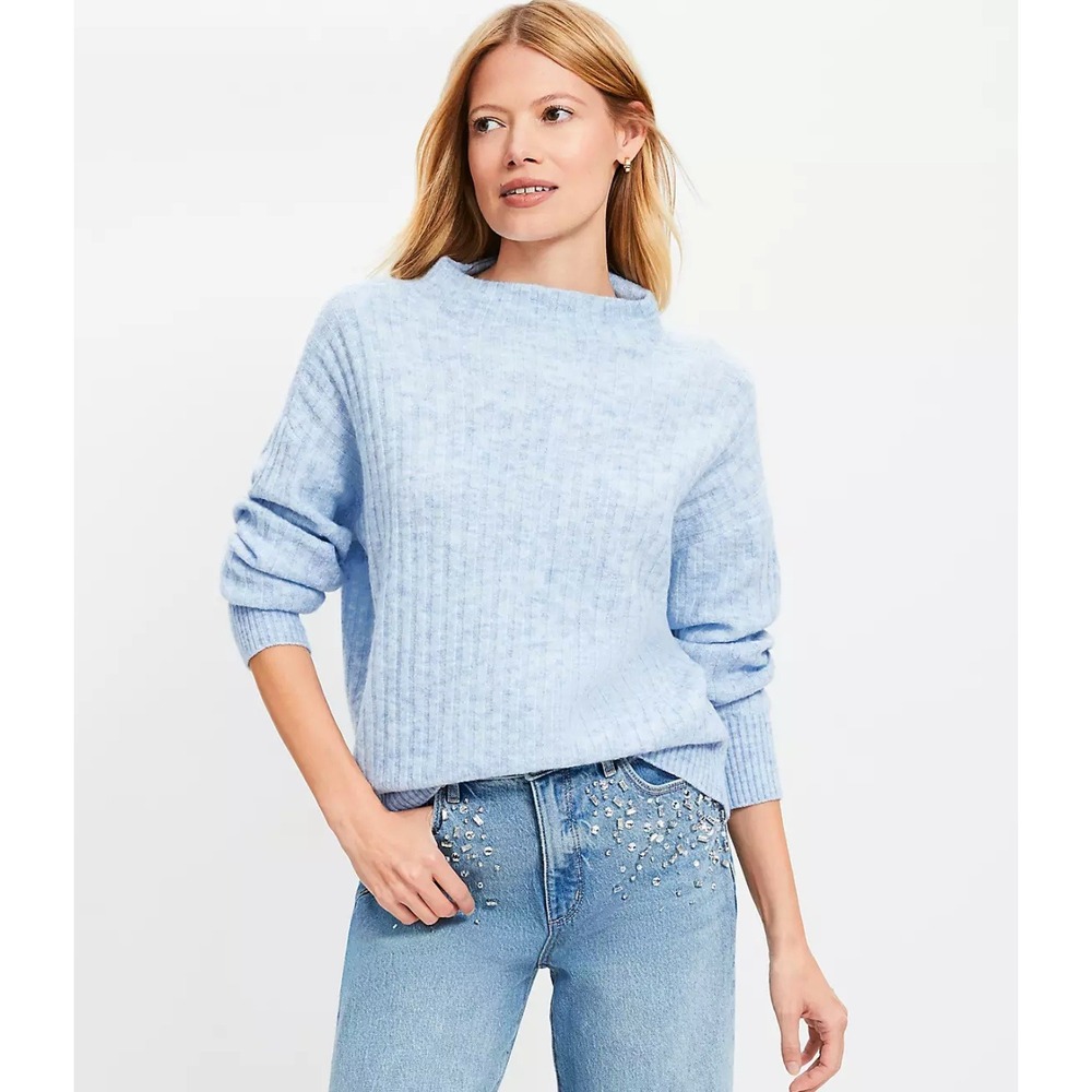 Loft Ribbed Funnel Neck Sweater Sky Blue Heather Ribbed Mock Neck Spring Size XS